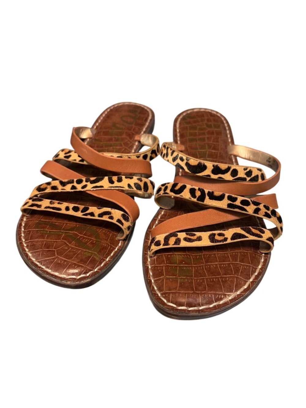 Sam Edelman Giana Leather Slide Sandals Leopard Print Brown 8.5M Mob Wife Baddie